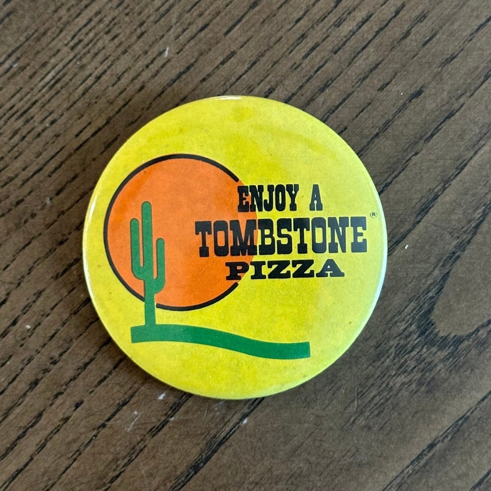 Vtg 80s Tombstone Pizza Pinback Button Advertising Promo Cactus Logo Yellow 2"